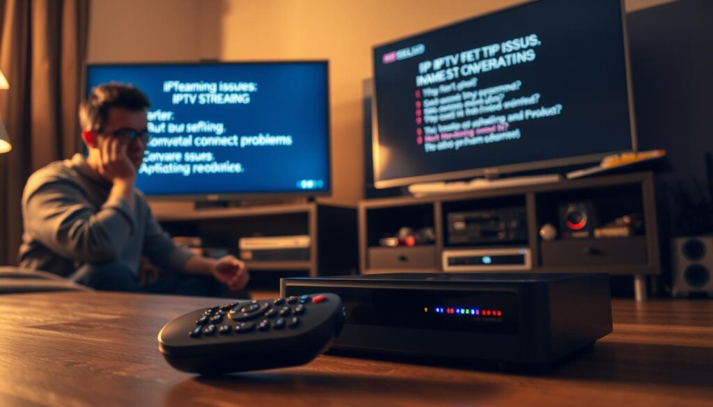 A dimly lit living room, with a frustrated user glaring at a TV screen displaying IPTV streaming issues - buffering, connectivity problems, and error messages. In the foreground, a wireless remote lies abandoned, signaling the user's mounting frustration. The middle ground features a high-end IPTV set-top box, its LED indicators blinking erratically. In the background, a cluttered entertainment center suggests a complex home media setup. Soft, warm lighting casts shadows, creating a moody, tense atmosphere that captures the user's struggle to enjoy their IPTV experience.