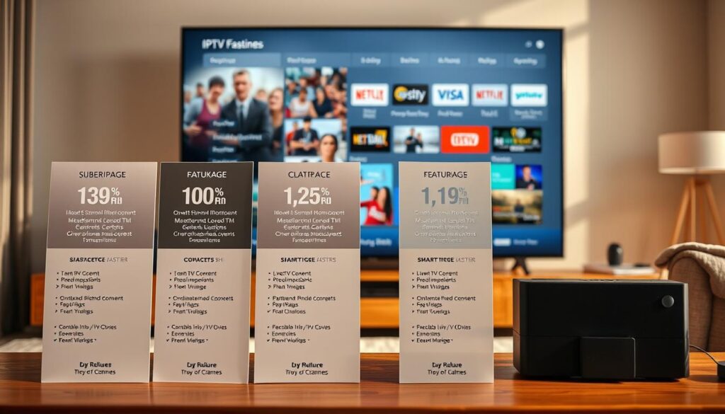 A high-resolution, detailed image showcasing various IPTV subscription plans. In the foreground, different package options are displayed with clear pricing, channel lineups, and feature details. The middle ground depicts modern TV devices and smart home gadgets compatible with the IPTV services. In the background, a sleek, minimalist user interface shows the breadth of on-demand content, live TV channels, and other media available. The overall scene is captured in warm, natural lighting with a clean, contemporary aesthetic to convey the convenience and value of IPTV for cord-cutting consumers.