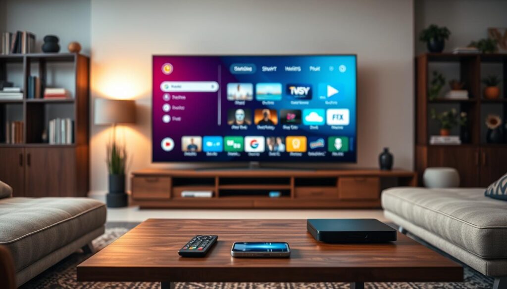 A living room setting with a large flat-screen TV prominently displayed, showcasing the IPTV Smarters user interface in crisp detail. The TV screen is the focal point, illuminated by soft, warm lighting that creates a cozy, inviting atmosphere. In the foreground, a modern, minimalist coffee table with a remote control and a smartphone, hinting at the seamless integration of IPTV Smarters. The background features subtle, blurred elements such as bookshelves, plants, and artwork, adding depth and character to the scene. The overall composition conveys the effortless experience of live TV streaming through IPTV Smarters, capturing the essence of the "Streaming Live TV with IPTV Smarters" section.
