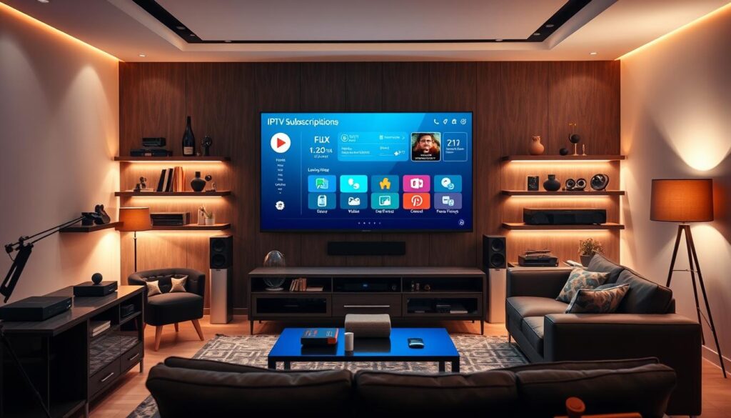A modern, high-tech living room with a sleek, minimalist design. In the center, a large, flat-screen television displays an IPTV subscription interface, featuring a clean, intuitive user interface with easy navigation options. Surrounding the TV, various smart home devices and home entertainment systems are neatly arranged, creating a cohesive and immersive digital environment. The room is bathed in warm, ambient lighting, creating a cozy and inviting atmosphere. The overall scene conveys the seamless integration of IPTV technology into a contemporary, technology-driven home setting. A modern, high-tech living room with a sleek, minimalist design. In the center, a large, flat-screen television displays an IPTV subscription interface, featuring a clean, intuitive user interface with easy navigation options. Surrounding the TV, various smart home devices and home entertainment systems are neatly arranged, creating a cohesive and immersive digital environment. The room is bathed in warm, ambient lighting, creating a cozy and inviting atmosphere. The overall scene conveys the seamless integration of IPTV technology into a contemporary, technology-driven home setting.