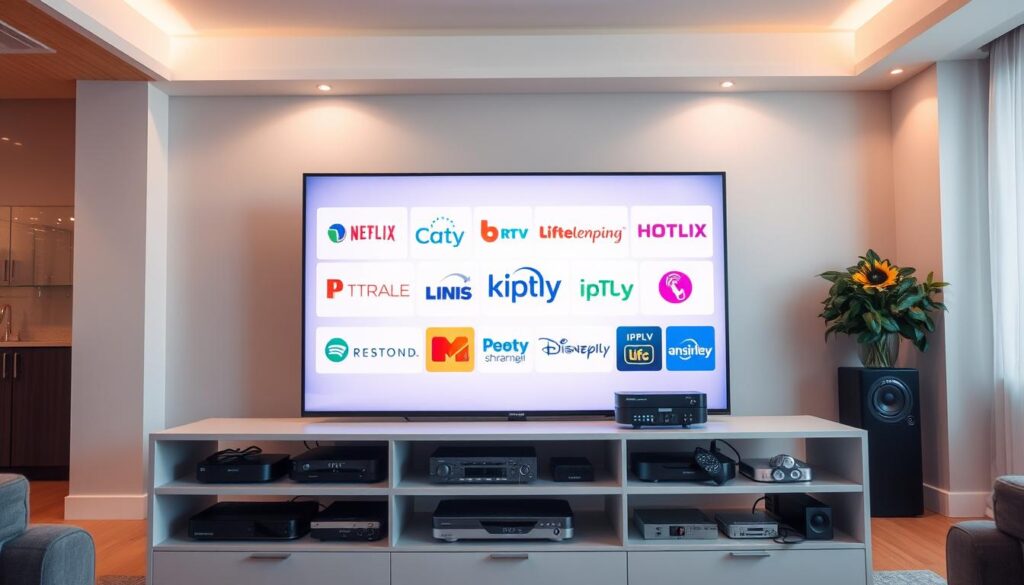 A modern living room with a large flat-screen TV displaying various IPTV service logos. The room is well-lit, with warm, diffused lighting from overhead fixtures. The TV is the central focus, surrounded by comfortable seating arrangements. In the foreground, a sleek media center or entertainment unit houses various streaming devices and IPTV set-top boxes. On the shelves, remote controls, cables, and other accessories related to IPTV services are neatly organized. The overall atmosphere is clean, minimalist, and inviting, showcasing the seamless integration of IPTV technology into a contemporary home setting. A modern living room with a large flat-screen TV displaying various IPTV service logos. The room is well-lit, with warm, diffused lighting from overhead fixtures. The TV is the central focus, surrounded by comfortable seating arrangements. In the foreground, a sleek media center or entertainment unit houses various streaming devices and IPTV set-top boxes. On the shelves, remote controls, cables, and other accessories related to IPTV services are neatly organized. The overall atmosphere is clean, minimalist, and inviting, showcasing the seamless integration of IPTV technology into a contemporary home setting.