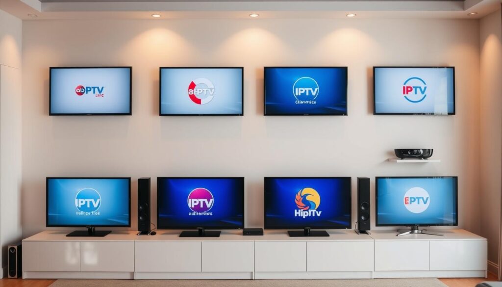 A modern, minimalist home entertainment center displaying a variety of IPTV channel logos on high-definition screens. The setup is bathed in warm, diffused lighting, creating a cozy and inviting atmosphere. The arrangement of the screens suggests a seamless, user-friendly interface for navigating and accessing a wide range of IPTV content. The overall scene conveys the convenience, flexibility, and abundance of entertainment options that IPTV technology offers. A modern, minimalist home entertainment center displaying a variety of IPTV channel logos on high-definition screens. The setup is bathed in warm, diffused lighting, creating a cozy and inviting atmosphere. The arrangement of the screens suggests a seamless, user-friendly interface for navigating and accessing a wide range of IPTV content. The overall scene conveys the convenience, flexibility, and abundance of entertainment options that IPTV technology offers.