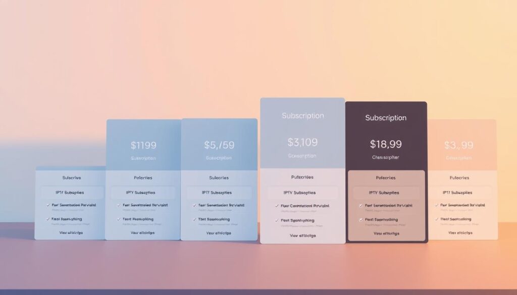 A modern, minimalist illustration showcasing the various subscription options for IPTV Smarters Pro. In the foreground, clean and well-organized tiles display the different pricing tiers, with clear labels and pricing details. The tiles are rendered in a soft, muted color palette that conveys a sense of professionalism and sophistication. In the middle ground, a subtle background pattern or texture adds visual interest without distracting from the main content. The lighting is warm and even, creating a welcoming and accessible atmosphere. The overall composition is balanced and harmonious, guiding the viewer's attention to the key information about the IPTV Smarters Pro subscription plans. A modern, minimalist illustration showcasing the various subscription options for IPTV Smarters Pro. In the foreground, clean and well-organized tiles display the different pricing tiers, with clear labels and pricing details. The tiles are rendered in a soft, muted color palette that conveys a sense of professionalism and sophistication. In the middle ground, a subtle background pattern or texture adds visual interest without distracting from the main content. The lighting is warm and even, creating a welcoming and accessible atmosphere. The overall composition is balanced and harmonious, guiding the viewer's attention to the key information about the IPTV Smarters Pro subscription plans.