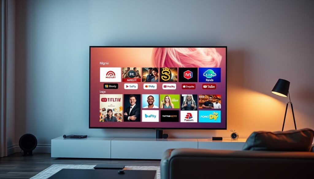 A sleek and modern home entertainment setup featuring a collection of top IPTV apps on a large, high-resolution smart TV screen. The apps are neatly arranged, showcasing their intuitive user interfaces and diverse content offerings. The room is bathed in warm, soft lighting, creating a cozy and inviting atmosphere for seamless streaming. The overall scene evokes a sense of effortless technology integration and a world of endless entertainment at the user's fingertips.