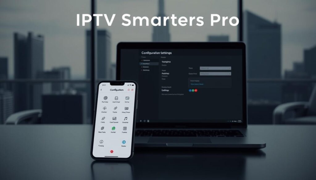 A sleek, modern setup guide for the IPTV Smarters Pro streaming app. In the foreground, a minimalist smartphone display shows the app's intuitive interface, with clean icons and a simple navigation menu. The middle ground features a laptop computer, its screen displaying the app's configuration settings and setup instructions. In the background, a stylized cityscape or interior scene creates a sophisticated, tech-savvy atmosphere, with muted colors and dramatic lighting that accentuates the streamlined devices. The overall composition conveys a sense of effortless functionality and professional-grade streaming capabilities. A sleek, modern setup guide for the IPTV Smarters Pro streaming app. In the foreground, a minimalist smartphone display shows the app's intuitive interface, with clean icons and a simple navigation menu. The middle ground features a laptop computer, its screen displaying the app's configuration settings and setup instructions. In the background, a stylized cityscape or interior scene creates a sophisticated, tech-savvy atmosphere, with muted colors and dramatic lighting that accentuates the streamlined devices. The overall composition conveys a sense of effortless functionality and professional-grade streaming capabilities.