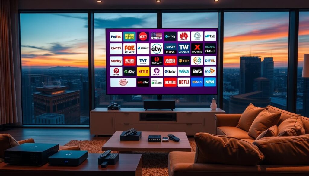 A sophisticated living room with a large flat-screen TV displaying a vibrant array of premium IPTV channel logos. The room is bathed in warm, ambient lighting, creating a cozy and inviting atmosphere. In the foreground, a sleek, modern entertainment console holds various streaming devices, remotes, and other media equipment. The middle ground features plush, comfortable seating, inviting viewers to sit back and enjoy the premium content. The background showcases floor-to-ceiling windows, providing a picturesque view of a city skyline at dusk, adding a touch of urban elegance to the scene.