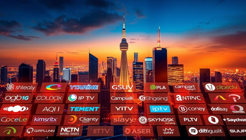 A vibrant and dynamic illustration of the top IPTV providers in the market, captured through a cinematic lens. The foreground features a grid-like arrangement of sleek, modern IPTV service logos, each emanating a soft, ambient glow. In the middle ground, a cityscape backdrop with skyscrapers and towering antennas sets the scene, conveying the ubiquity and global reach of these internet-based television services. The background is bathed in a warm, golden light, creating a sense of technological sophistication and future-forward innovation. The overall composition exudes a sense of authority and professionalism, befitting the subject matter of the "Top Internet Protocol Television Services on the Market".
