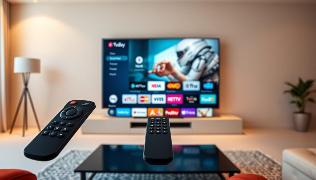 An elegant and sleek IPTV Smarters dashboard, showcasing its diverse features in a clean, modern interface. In the foreground, a user-friendly remote control hovers, highlighting the intuitive navigation. The middle ground features a large, high-definition television screen displaying a visually striking program guide, complete with channel logos and crisp, vibrant imagery. In the background, a minimalist, neutral-toned room setting creates a sense of simplicity and focus, allowing the IPTV Smarters features to take center stage. Warm, diffused lighting accentuates the premium, high-tech aesthetic, conveying the power and versatility of this cutting-edge IPTV platform.