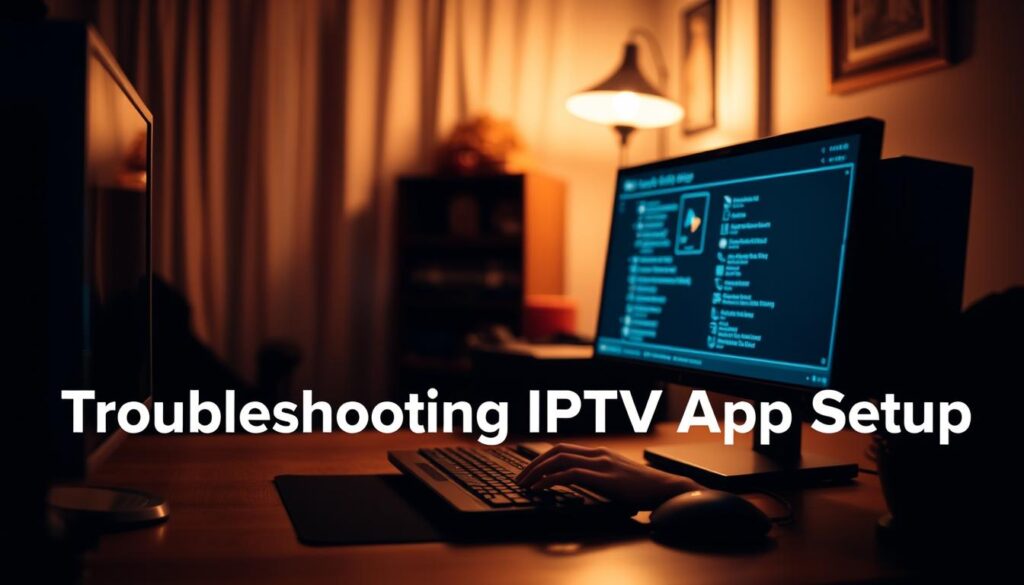 A dimly lit home office setup with a desktop computer, monitor, keyboard, and mouse. The user is intently focused on the screen, troubleshooting an IPTV app. The room is filled with a warm, inviting glow, with soft lighting cascading from a desk lamp. The background is slightly blurred, drawing the viewer's attention to the user's actions. The overall atmosphere conveys a sense of problem-solving and concentration, reflecting the "Troubleshooting IPTV App Setup" theme.