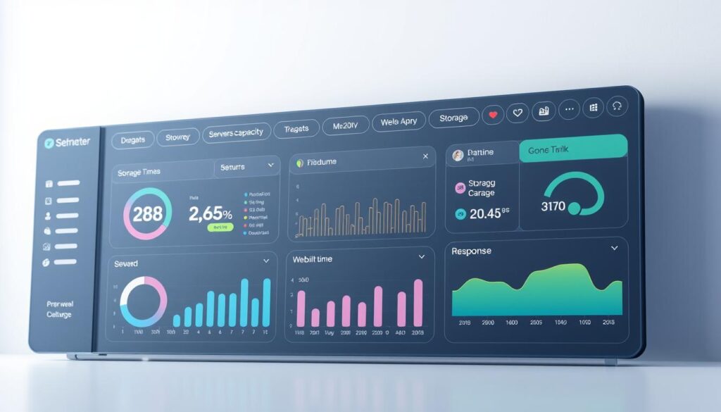 A minimalist yet modern web hosting dashboard displaying essential performance metrics like server uptime, storage capacity, bandwidth usage, and response times. The interface features clean lines, intuitive icons, and a soothing color palette that conveys a sense of reliability and affordability. The scene is illuminated by soft, diffused lighting, creating a professional and inviting atmosphere. The dashboard is presented in a 3D isometric perspective, allowing the viewer to appreciate the comprehensive suite of performance features within a compact, space-efficient layout.