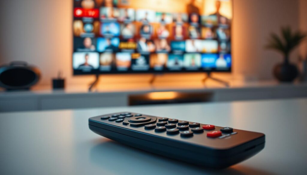 A modern IPTV remote control rests on a minimalist desk, its sleek design and intuitive buttons beckoning the user to explore the world of streaming content. The remote is bathed in warm, ambient lighting, creating a cozy and inviting atmosphere. In the background, a large display screen showcases a vibrant, high-definition IPTV interface, hinting at the boundless possibilities of remote access to a vast library of entertainment. The composition conveys a sense of ease and control, underscoring the convenience of IPTV streaming from anywhere, at any time.