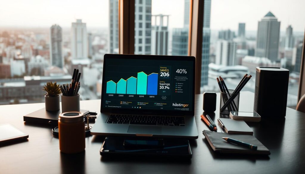 A modern office workspace with a large window overlooking a cityscape. On the desk, a laptop, a smartphone, and various office supplies are neatly arranged. A colorful chart or graph displaying savings percentages and Hostinger's logo is prominently displayed on the laptop screen. Soft, warm lighting illuminates the scene, creating a serene and productive atmosphere. The overall composition emphasizes efficiency, organization, and the potential for financial savings through Hostinger's web hosting plans.