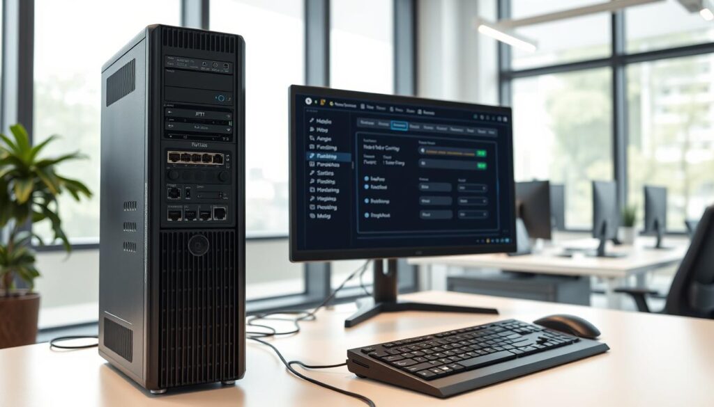 A modern, well-lit office with a professional-grade server setup. In the foreground, a sleek, black server tower with multiple network ports and status LEDs. Nearby, a high-resolution monitor displays a configuration interface, with detailed settings for IPTV server management. In the middle ground, a keyboard and mouse sit on a minimalist desk, suggesting an efficient, task-oriented workspace. The background features floor-to-ceiling windows, allowing natural light to flood the room and create a sense of openness and clarity. The overall atmosphere is one of technical expertise, organization, and a focus on delivering a reliable IPTV service.