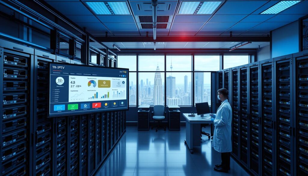 A sleek and modern data center interior, with rows of high-performance servers neatly arranged in server racks. The lighting is cool and bluish, creating a professional, technological atmosphere. In the foreground, a large display screen shows a user interface for IPTV hosting, with intuitive controls and real-time analytics. The middle ground features technicians in lab coats monitoring the system, while the background showcases a cityscape through large windows, hinting at the global reach of the IPTV hosting solutions. The overall composition conveys a sense of efficiency, reliability, and cutting-edge technology at the service of the IPTV industry.