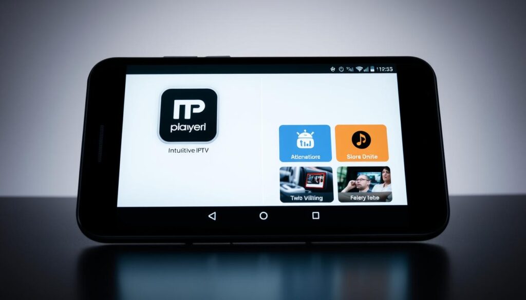 A sleek, modern Android device displaying the intuitive user interface of the best IPTV player app. The app's logo and branding prominently featured, with a clean, minimalist design showcasing its key features and capabilities. The device is captured in a well-lit, studio-quality photograph, shot from a slightly elevated angle to emphasize the display. The background is subtly blurred, keeping the focus on the device and the IPTV player app. The overall mood is professional, high-quality, and representative of the app's reliable performance and user-friendly experience.