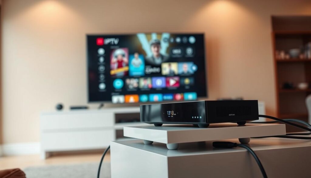 A sleek, modern IPTV player setup with a minimalist design. In the foreground, a high-end streaming device sits atop a clean, minimalist entertainment center, surrounded by a few neatly organized cables. The middle ground features a large, high-definition TV displaying a vibrant, crisp interface, inviting the viewer to explore its content. The background is a warm, neutral-toned room with subtle lighting, creating a cozy and inviting atmosphere for an optimal streaming experience. The entire scene conveys a sense of sophistication, efficiency, and technological sophistication.