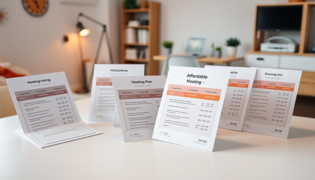 A spacious table in a cozy home office, showcasing an array of affordable hosting plans. The plans are neatly displayed on high-quality paper, with clear pricing and feature breakdowns. Soft, warm lighting illuminates the scene, creating a sense of approachability and professionalism. The background is a minimalist, uncluttered workspace, allowing the hosting plans to take center stage. The composition is balanced, with the plans positioned at an angle to create visual interest. The overall mood is one of simplicity, practicality, and accessibility, inviting the viewer to explore the options and find the right hosting solution for their needs.