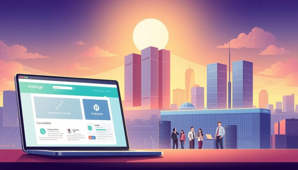 A vibrant, detailed digital illustration showcasing the key benefits of Hostinger hosting services. In the foreground, a sleek, modern web interface displays seamless website loading, reliable uptime, and intuitive site management. The middle ground features a team of friendly, knowledgeable Hostinger support representatives, emphasizing their commitment to customer satisfaction. In the background, a city skyline with towering data centers symbolizes Hostinger's robust, scalable infrastructure. The scene is illuminated by warm, natural lighting, conveying a sense of trust, efficiency, and technological prowess. The overall mood is professional, informative, and inspirational, highlighting Hostinger as a premier web hosting provider.