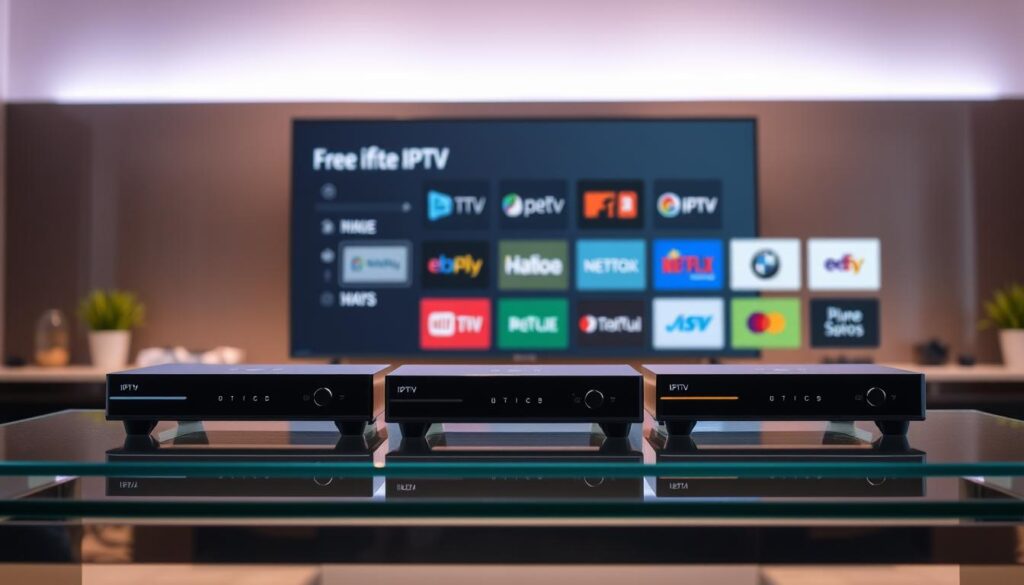 A vibrant digital home entertainment setup with sleek, modern IPTV player devices prominently displayed on a minimalist glass-and-steel desk. Soft, diffused lighting from above casts a warm glow, highlighting the clean lines and sharp edges of the devices. In the background, a large, high-resolution display shows a selection of free IPTV service options, their logos and user interfaces neatly arranged. The overall scene conveys a sense of effortless connectivity, technological prowess, and the freedom to choose from a variety of cost-effective IPTV solutions.