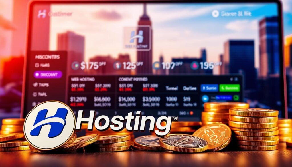 A vibrant, high-contrast image showcasing Hostinger's discounts. In the foreground, a stack of gold and silver coins with the Hostinger logo prominently displayed. Behind it, a web hosting dashboard interface with various discount percentages and promotional offers. The background features a soft-focus cityscape with modern skyscrapers, conveying a sense of growth and opportunity. Warm, directional lighting casts dynamic shadows, creating depth and drama. The overall composition is balanced and visually striking, highlighting Hostinger's attractive pricing and value proposition.