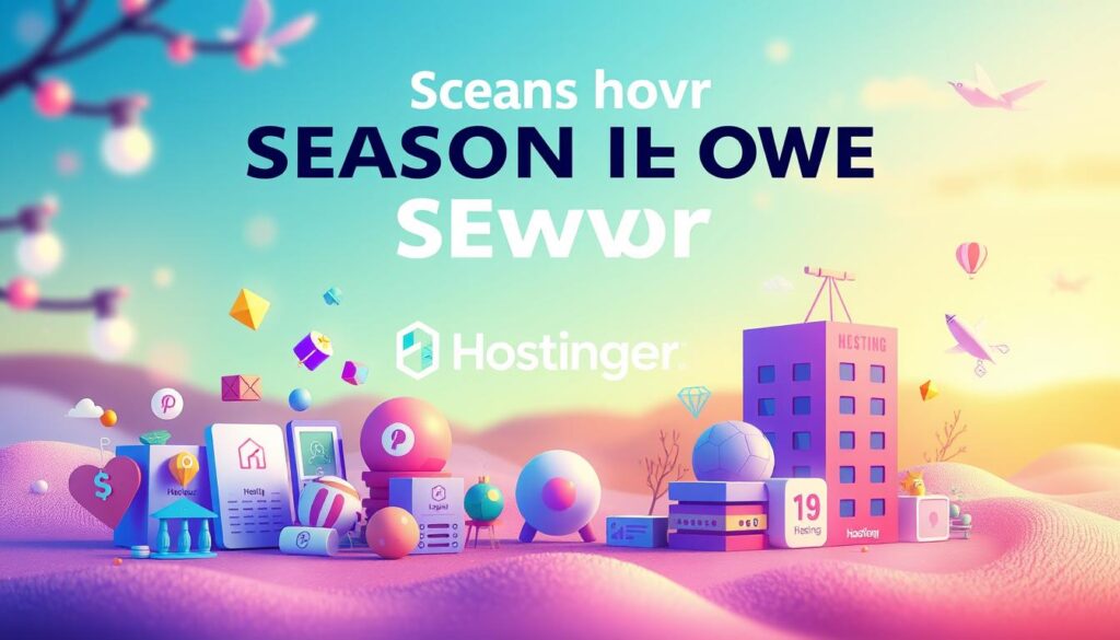 A visually striking digital illustration depicting a seasonal promotional offer from Hostinger, a leading web hosting provider. In the foreground, a vibrant and dynamic arrangement of icons, symbols, and graphical elements representing various hosting features and discounts. The midground showcases the Hostinger logo and branding, rendered in a sleek, modern style with a hint of metallic sheen. The background features a softly blurred, gradient-infused landscape, evoking a sense of warmth, opportunity, and digital innovation. The overall composition is balanced, visually engaging, and conveys a sense of exclusivity and limited-time savings for Hostinger customers.