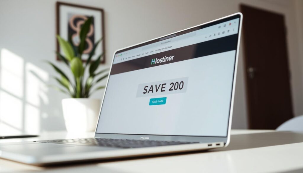 A well-lit close-up of a laptop screen displaying a Hostinger website with a prominent promo code input field. The promo code "SAVE20" is clearly visible on the screen, along with a "Apply" button. The laptop is positioned on a desk, with a minimalist, modern office setting in the background, including a potted plant and a framed artwork on the wall. The lighting is soft and natural, creating a clean, professional atmosphere. The angle is slightly elevated, emphasizing the promo code and the call-to-action. The overall scene conveys the idea of effortlessly unlocking a 20% discount on Hostinger services.