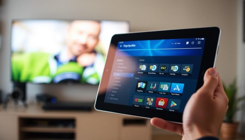 A well-lit, detailed setup guide for an IPTV app, showcasing a modern, sleek interface on a tablet device. The foreground features the tablet screen displaying the IPTV app's main menu, with clear icons and intuitive navigation. The middle ground shows the tablet in a hand, against a blurred backdrop of a home entertainment setup, perhaps a TV or streaming device. The background has a warm, inviting ambiance, with soft lighting and subtle home decor elements that create a comfortable, practical setting for using the app. The overall composition conveys a sense of ease and simplicity in setting up and using the IPTV application.