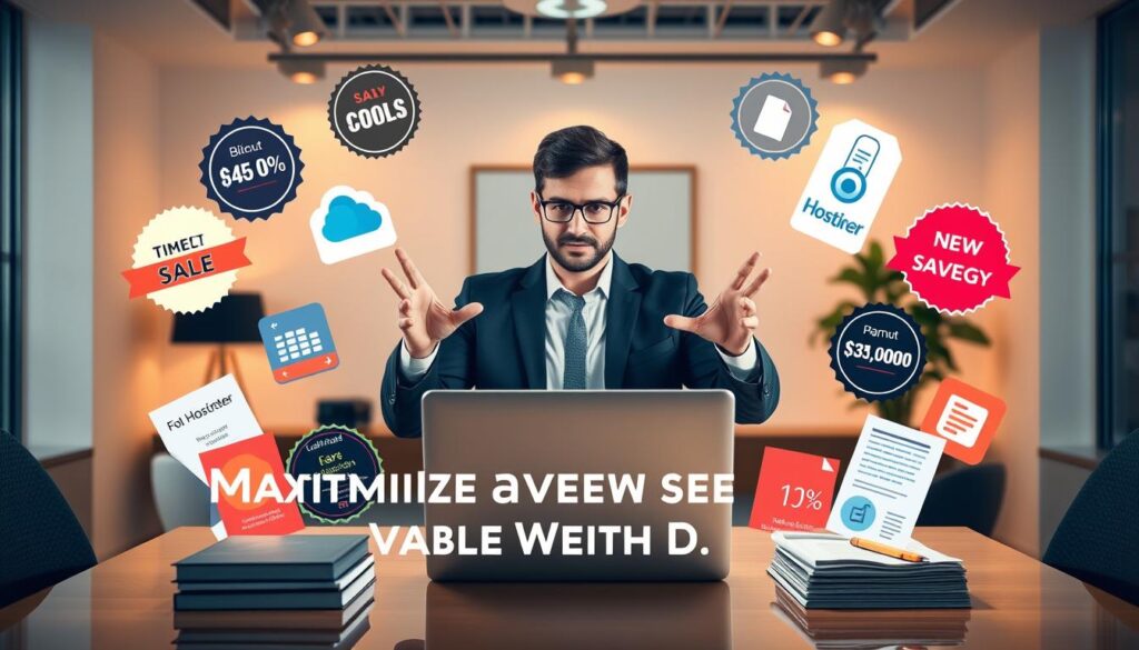 A well-lit, high-resolution image of a business person standing in front of a laptop, surrounded by various Hostinger promotional elements such as discount badges, flyers, and icons. The person is gesturing towards the laptop screen, showcasing various Hostinger plans and offers. The background features a clean, modern office setting with warm lighting and a minimalist design, emphasizing the focus on maximizing savings with Hostinger's promotions. The overall composition is balanced, professional, and visually appealing, reflecting the informative and practical nature of the article's section on optimizing Hostinger deals.