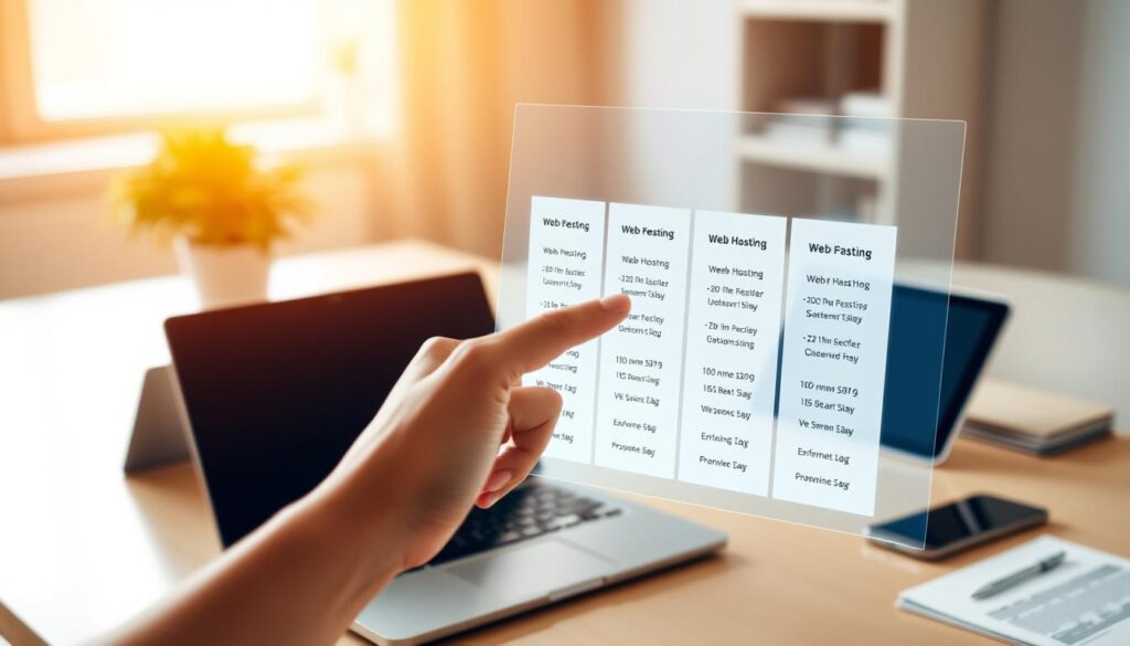 A well-lit, modern office desk with a laptop, tablet, and smartphone arranged neatly. In the foreground, a hand points to a holographic display showcasing different web hosting plan options, each with their own features and pricing details. The background is blurred, with a warm, inviting ambiance created by soft lighting and neutral tones. The overall scene conveys a sense of research and decision-making, capturing the thoughtful process of choosing the right hosting plan for one's needs.