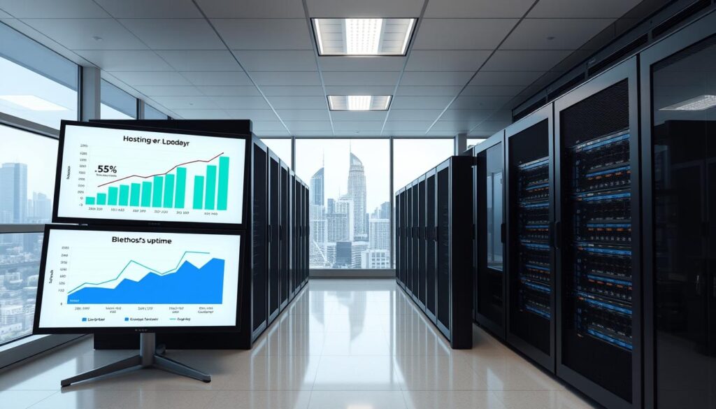 A wide-angle shot of a sleek, modern data center showcasing three rows of server racks. In the foreground, a large monitor displays graphs and charts comparing the uptime percentages of Hostinger, GoDaddy, and Bluehost. The lighting is crisp and evenly distributed, highlighting the clean, professional atmosphere. The background features a cityscape visible through large windows, conveying a sense of technological innovation and global connectivity. The overall composition emphasizes the importance of reliable web hosting performance, inviting the viewer to analyze and compare the uptime data presented.