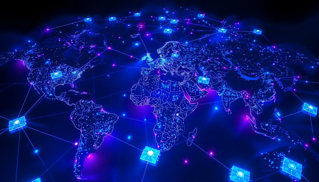 An aerial view of a dynamic global network, with glowing data hubs and interconnected lines pulsing across continents. Shades of blue and purple cast an eerie, technological glow, conveying the challenges of reliable IPTV connectivity worldwide. Atmospheric lighting from the side creates dramatic shadows, emphasizing the complexity of the system. The camera angle is high, creating a sense of scale and the vastness of the infrastructure required. The overall mood is one of futuristic, yet fragile, technological interdependence.