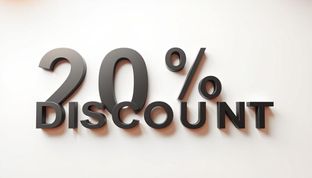 Highly detailed 3D render of a bold, modern "20% DISCOUNT" text logo against a sleek, minimalist white background. The text is set in a clean, geometric sans-serif font with thick, weighted letters. Subtle warm lighting from the upper left casts soft shadows, giving the logo a sense of depth and dimension. The layout is centered and balanced, with a sophisticated, premium aesthetic that conveys an exclusive, high-value offer.
